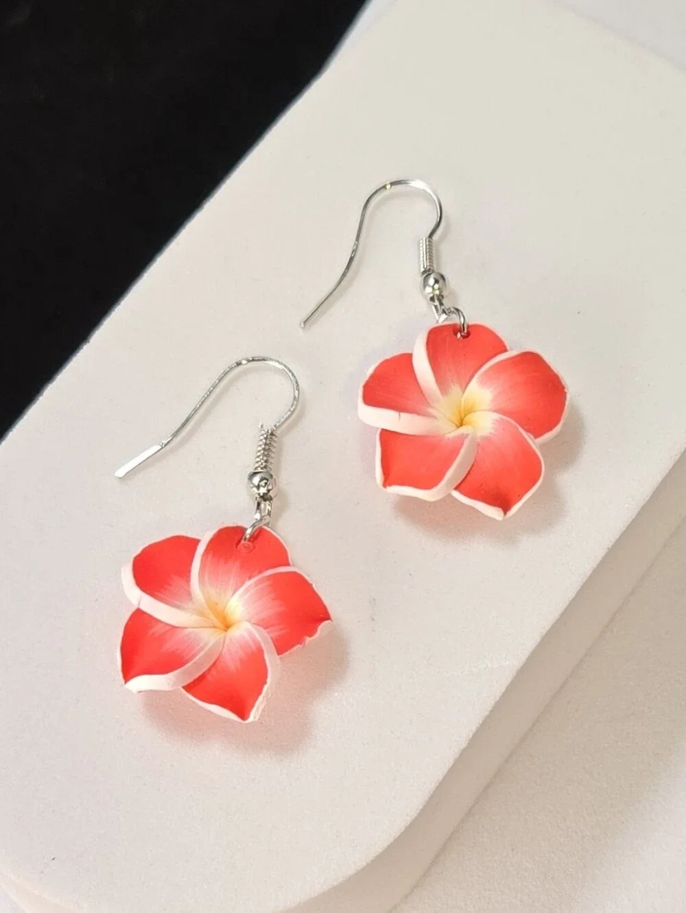 Red Plumeria Flower Earrings Tropical Hawaiian Floral Dangle Jewelry Vacation